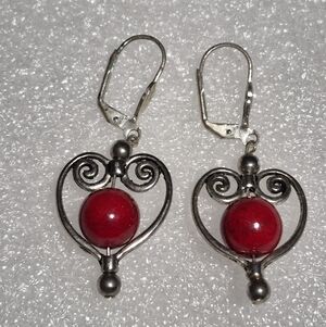 Vintage silver-toned & red beaded heart dangle earrings  2"